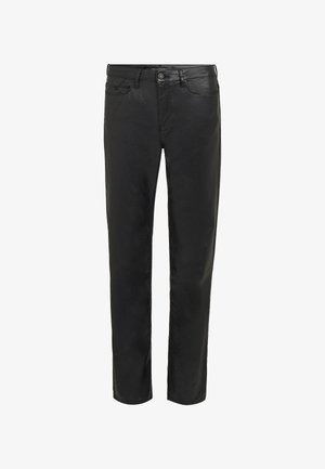 Sorte jeans laget av denim, med standard fem-lommers design, rett ben skjæring, og en subtil glans over stoffet.