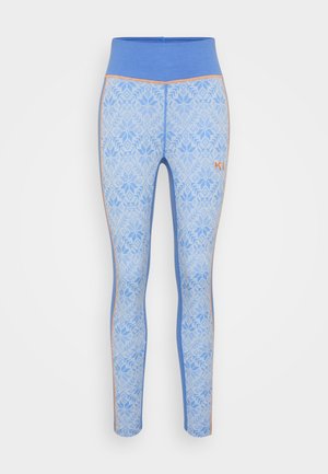 Blue patterned leggings with a textured fabric. Features a wide waistband and contrasting orange accents along the sides.