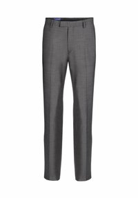 Grau maßgeschneiderte Hose aus strukturiertem Stoff, mit geradem Bein, zwei frontalen Taschen und flachem Bund.