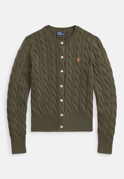Khaki green cable-knit cardigan with a crew neckline, button closures, ribbed cuffs and hem, and a small embroidered logo on the chest.