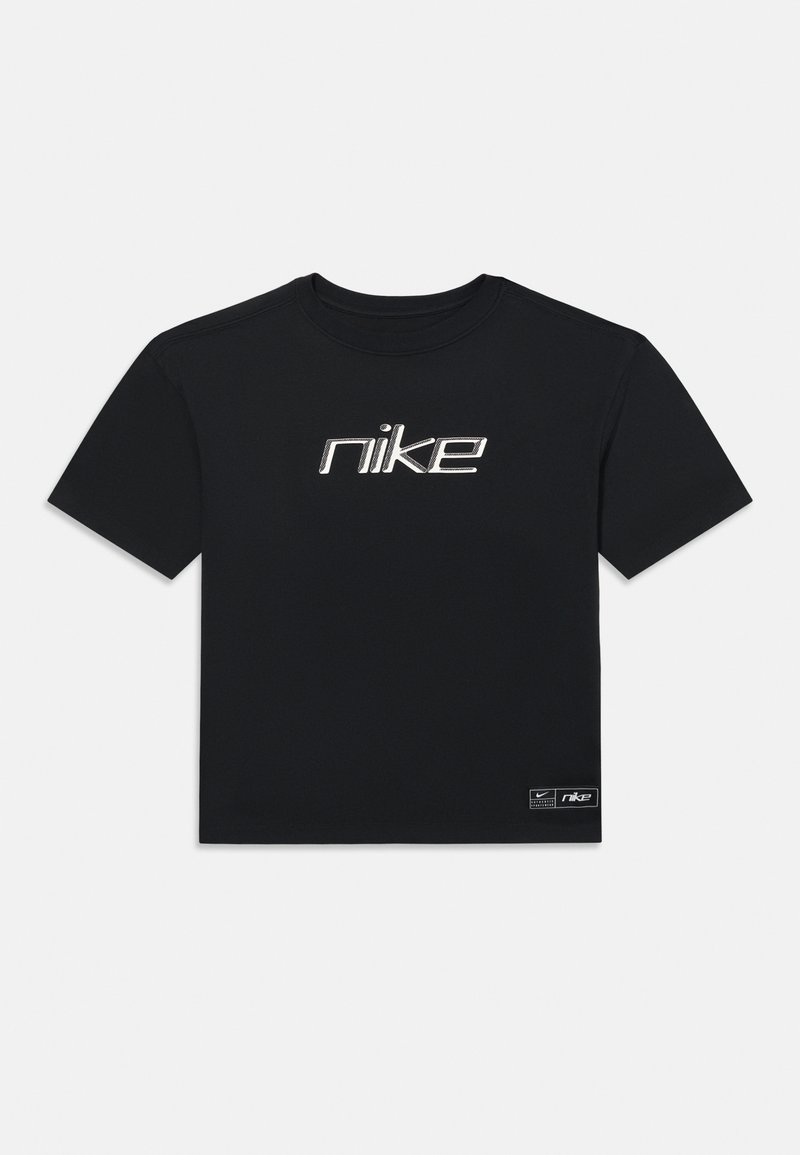 Čierne bavlnené tričko s krátkymi rukávmi, na hrudi s bielou vyšívanou logom "nike" a malou nášivkou na spodnej ľavej strane. Kolo krku.