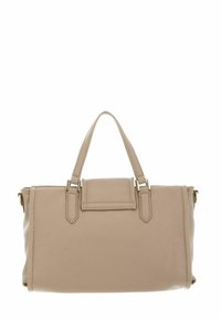 Bolso de mano de cuero beige con dos asas, forma rectangular y solapa frontal. Cuenta con herrajes en tono dorado y detalles con costuras.