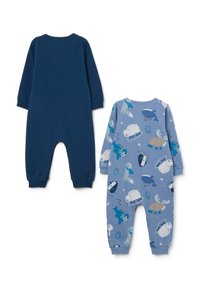 Due tute per bambini: una di colore blu navy uniforme, l'altra azzurra chiara con motivi di animali artici, entrambe con maniche lunghe e polsini.