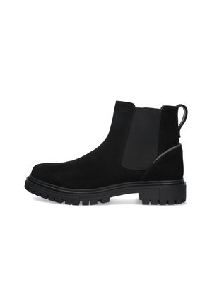 Zwarte suède enkelboots met elastische zijkanten, een gestructureerde rubberen zool, een trekhaak en een gestroomlijnd ontwerp dat geschikt is voor verschillende gelegenheden.