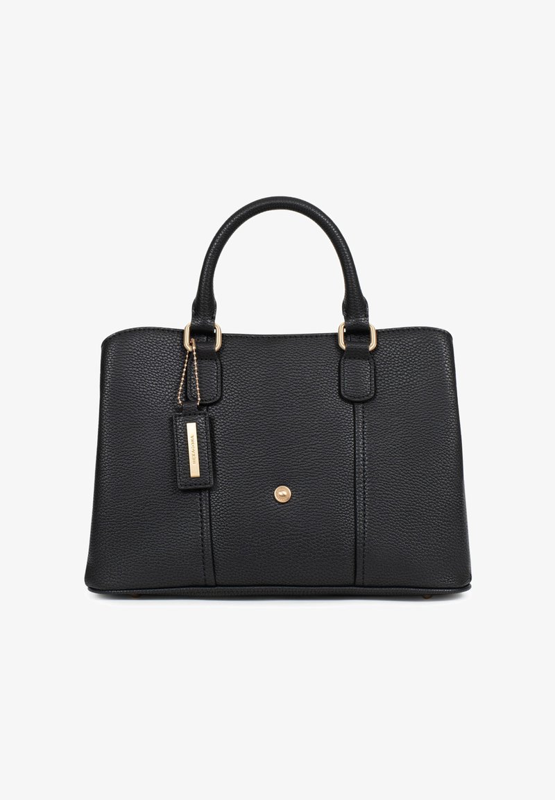 Borsa a mano in pelle nera con superficie texture, dettagli in hardware dorato, due manici superiori e un'etichetta removibile su un lato.