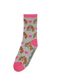 Calzini grigi con un motivo ripetuto di cani dei cartoni animati in marrone e rosa, con cuori rosa. Il bordo e la punta sono rosa. Materiale in misto cotone.
