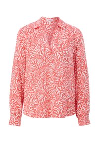 Blouse pour femme à manches longues, corail et blanche avec motif, dotée d'un col et d'une ouverture en V.