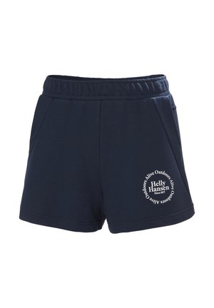 Navy blue cotton shorts with an elastic waistband, two side pockets, and a circular white logo with brand text on the front.