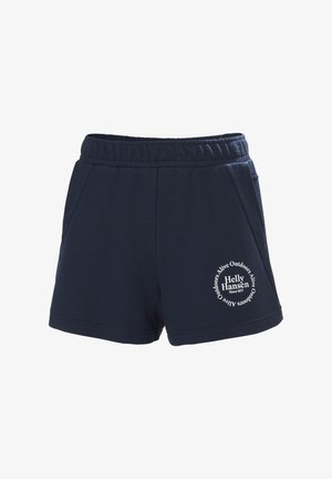 Navy blue cotton shorts with an elastic waistband, two side pockets, and a circular white logo with brand text on the front.
