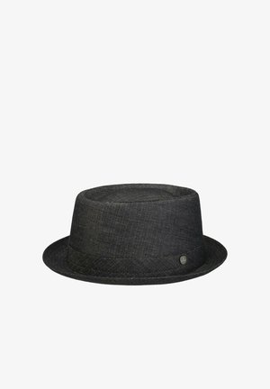Dark gray herringbone pork pie hat with short brim, flat crown, and a small round metal detail on the hatband, on white background.