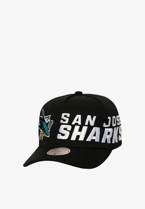 Black baseball cap featuring the San Jose Sharks logo in teal and white. Text "SAN JOSE SHARKS" embroidered prominently on front.