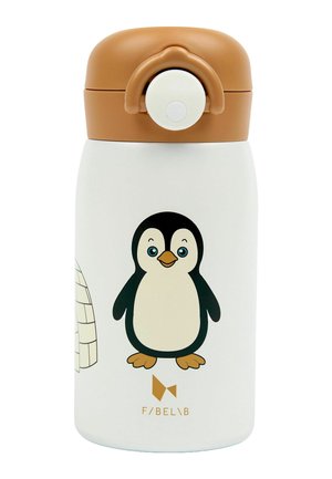 Hvid vandflaske med brun låg og en knap, dekoreret med en smilende tegneseriepingvin og en lille iglo-illustration.