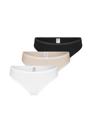 Tre kvinders bikiniundertøj i hvid, beige og sort, hver med en synlig mærkeetiket i midten af taljen.