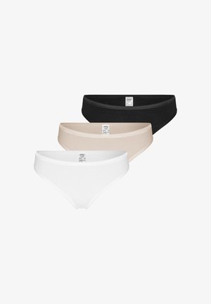 Trois culottes bikini pour femmes en blanc, beige et noir, chacune avec une étiquette de marque visible au centre de la ceinture.
