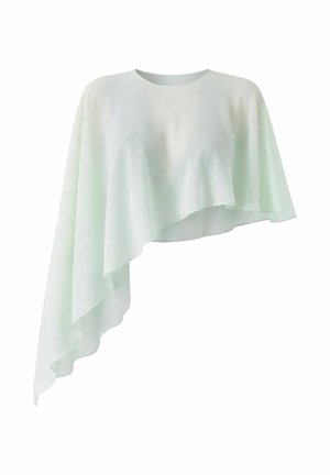 Top bianco asimmetrico monospalla con tessuto lungo e fluente drappeggiato da un lato e corto dall'altro.