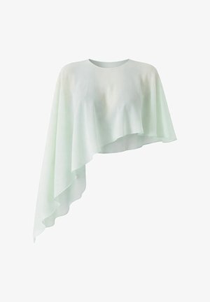 Top bianco asimmetrico monospalla con tessuto lungo e fluente drappeggiato da un lato e corto dall'altro.