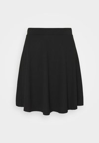 Musta flare-hame pehmeästä kankaasta, jossa on sileä vyötärönauha ja polvipituinen helma, jossa on hieman A-linjainen muoto.