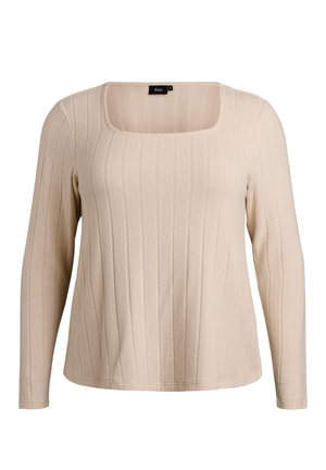 Top a maniche lunghe beige con scollo quadrato, tessuto a coste strutturato e vestibilità morbida. Presenta sottili righe tono su tono e orlo cucito.