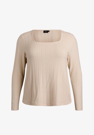 Top a maniche lunghe beige con scollo quadrato, tessuto a coste strutturato e vestibilità morbida. Presenta sottili righe tono su tono e orlo cucito.