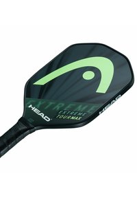 Pickleball-Schläger mit schwarzem Griff und schwarzer Fläche, ausgestattet mit grünem Logo und dem Text "HEAD Extreme Tourmax".