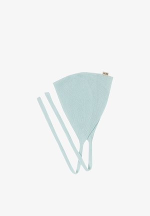 Hellblau gestricktes dreieckiges Kopftuch mit langen Bändern und einem kleinen beigen "GOBI"-Etikett am oberen Rand.