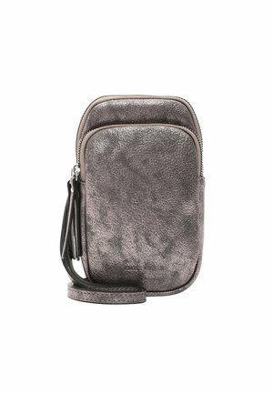 Metallic gray crossbody bag made of textured material, featuring a zippered main compartment, slim design, and a detachable strap.