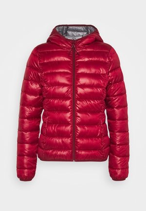 Veste matelassée rouge à capuche, fermeture éclair à l'avant, manches longues et finition brillante sur un fond clair uni.