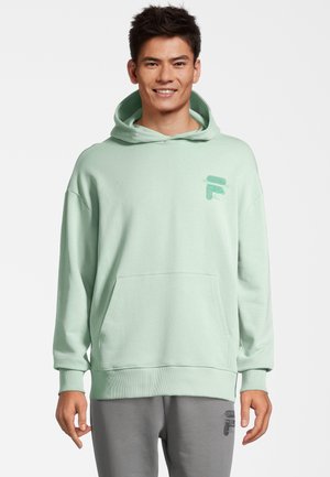 Minzgrüner Hoodie mit Kängurutasche, Kapuze mit Kordelzug und einem kleinen Logo-Akzent auf der Brust. Der Stoff wirkt weich und strukturiert.