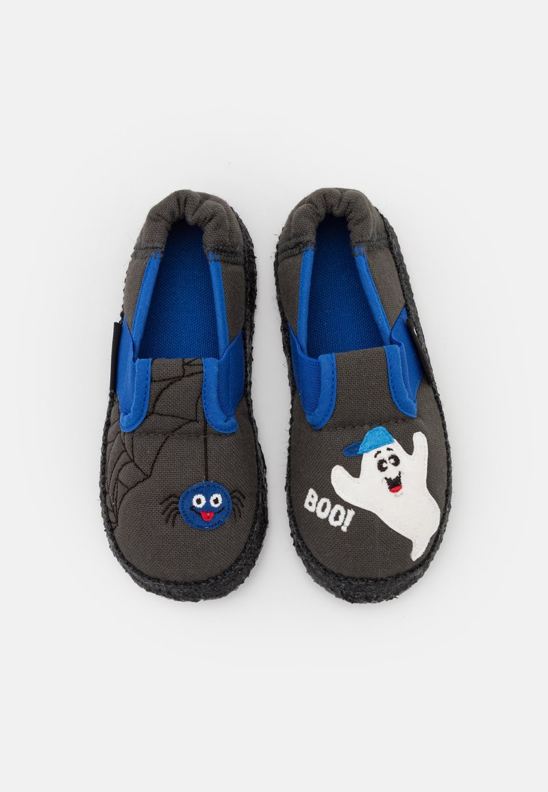 Gray fabric slippers with blue accents, featuring an embroidered spider and ghost, and the text "Boo!" in white. Slip-on design with elastic sides.