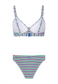 Dryžuotas bikini komplektas, kuriame yra balta trikampė viršutinė dalis su daugiaspalviais dryžiais žalia, rožine ir mėlyna, bei atitinkamos žemos liemenėlės bikini kelnaitės.