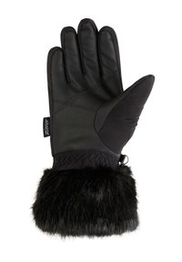 Black gloves with a leather palm and textile back. Features a plush, black faux fur cuff and thumb for added warmth and comfort.