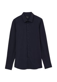 Camicia a maniche lunghe blu navy in tessuto liscio, con colletto, chiusura frontale con bottoni e polsini con bottoni, dal design semplice.