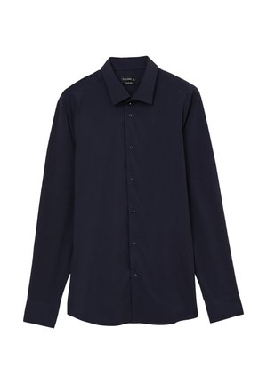 Nachtschwarz langärmliges Hemd aus glattem Stoff, mit Kragen, Knopfverschluss vorne und Knopfmanschetten, in schlichter Ausführung.