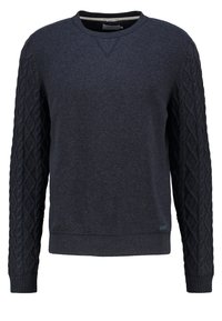 Marinblå sweatshirt med rund halsringning. Huvuddelen har en slät yta, medan ärmarna har ett kabelstickat mönster. Ribbad mudd och nederkant.