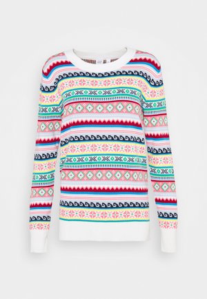 Pull blanc à manches longues avec des rayures horizontales multicolores comprenant des motifs géométriques et floraux en rouge, rose, bleu, vert et noir.