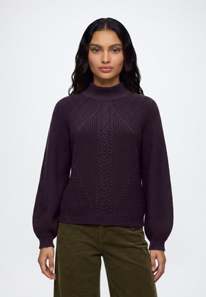 Femme aux longs cheveux foncés portant un pull en maille torsadée violet foncé et un pantalon vert olive, debout devant un fond blanc.
