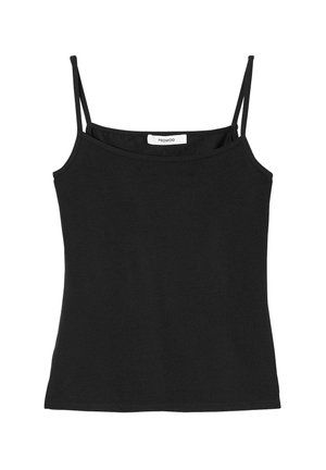 Haut noir sans manches avec fines bretelles, en coton doux. Présente un design simple et un ourlet droit. Étiquette visible au niveau de l'encolure.
