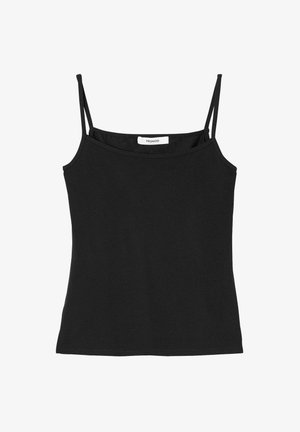 Haut noir sans manches avec fines bretelles, en coton doux. Présente un design simple et un ourlet droit. Étiquette visible au niveau de l'encolure.