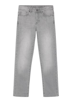 Jasnoszare dżinsy o prostych nogawkach z przednimi i monety kieszeniami, szlufkami na pasek oraz zapięciem na guziki.