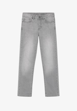 Jean denim gris clair à jambes droites avec poches avant et poche monnaie, passants pour ceinture et fermeture par bouton.