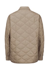 Beige gesteppte Jacke mit weicher Textur, die einen Kragen und ein gemustertes Design mit Rautenformen auf der Oberfläche aufweist.