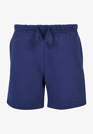 Marineblaue Baumwollmischung-Shorts mit elastischem Bund und Kordelzug. Sie verfügen über eine glatte Textur und gestickte Säume.