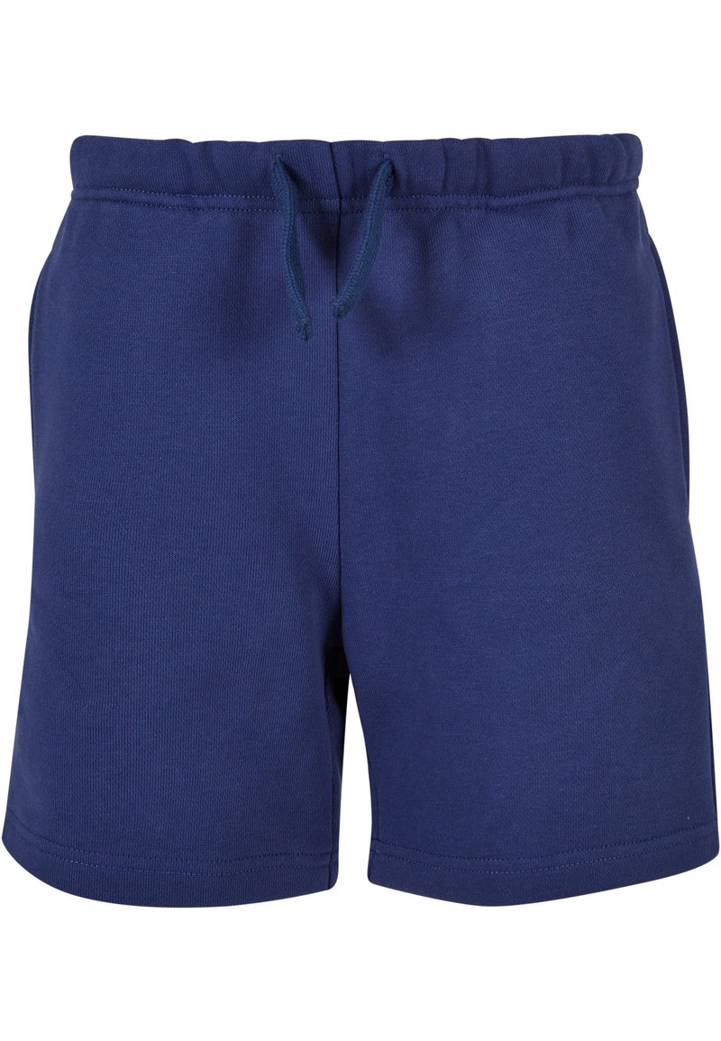 Navy blå bomullsblandingsshorts med elastisk midjebånd og snøring. Har en jevn tekstur og stikkede sømmer.