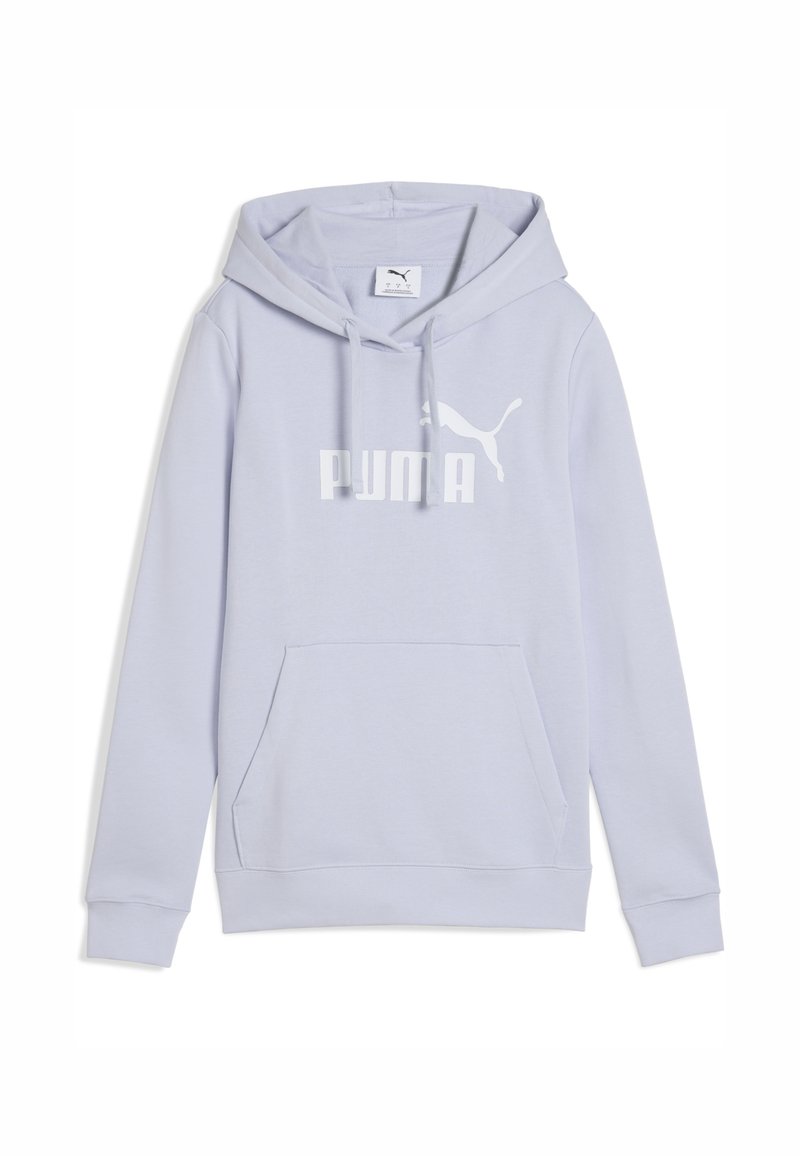 Jasnofioletowa bluza z kapturem wykonana z miękkiego materiału, z kangurzą kieszenią, sznurków do regulacji i białym logiem Pumy z przodu.