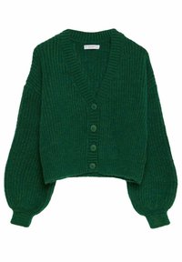 Zielony, prążkowany, krótkie kardigan z dekoltem w serek, długimi balonowymi rękawami i pięcioma dopasowanymi guzikami z przodu. Miękka tekstura, lekki.
