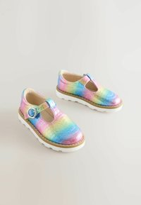 Child's shoes with a T-strap design, featuring a colorful iridescent synthetic material, light blue buckle, and white rubber sole.