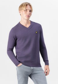 Pullover violet en V, fabriqué en matière tricot douce, avec des manches longues et un petit logo brodé sur la poitrine. Design décontracté.