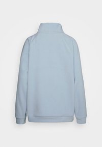 Helles blaues Fleece-Sweatshirt mit hohem Kragen, langen Ärmeln und gerippten Bündchen sowie Saum. Glatte Textur, keine sichtbaren Muster oder Akzente.