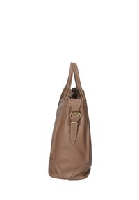 Borsa a tracolla in pelle marrone con forma strutturata, due manici superiori e un dettaglio con fibbia laterale. Texture liscia e design sobrio.