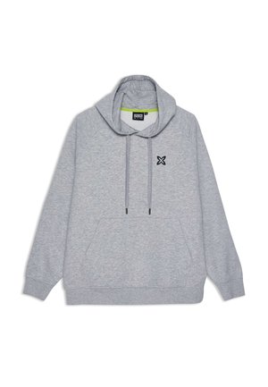 Felpa grigia con cappuccio, tasca a marsupio, coulisse e un piccolo logo nero sul petto. Presenta polsini e orlo a coste.